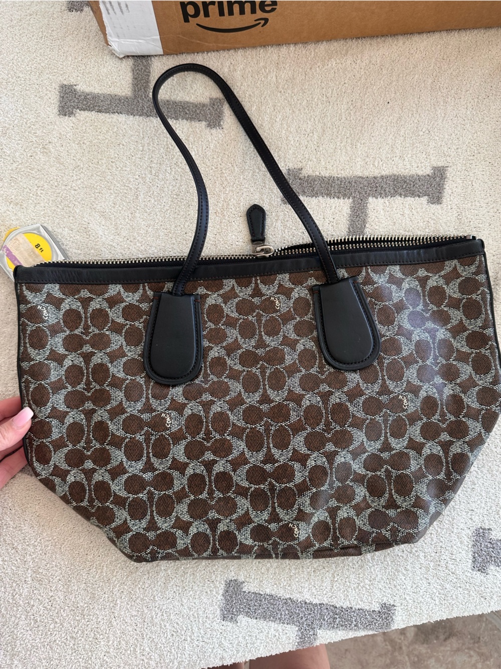 Coach Brown Signature Canvas Tote with Black Handles